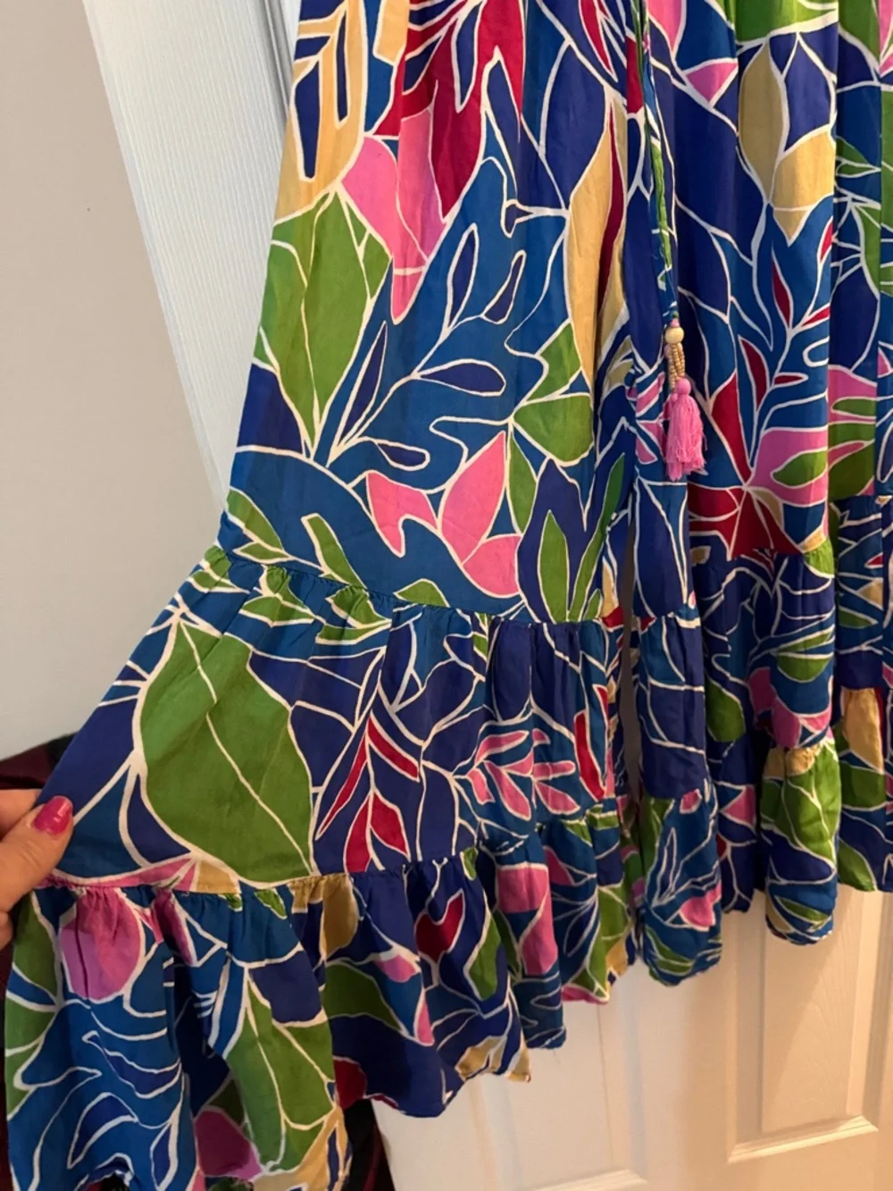 Vibrant Blue Tropical Print Tiered Maxi wide legs pants - Picture 4 of 5